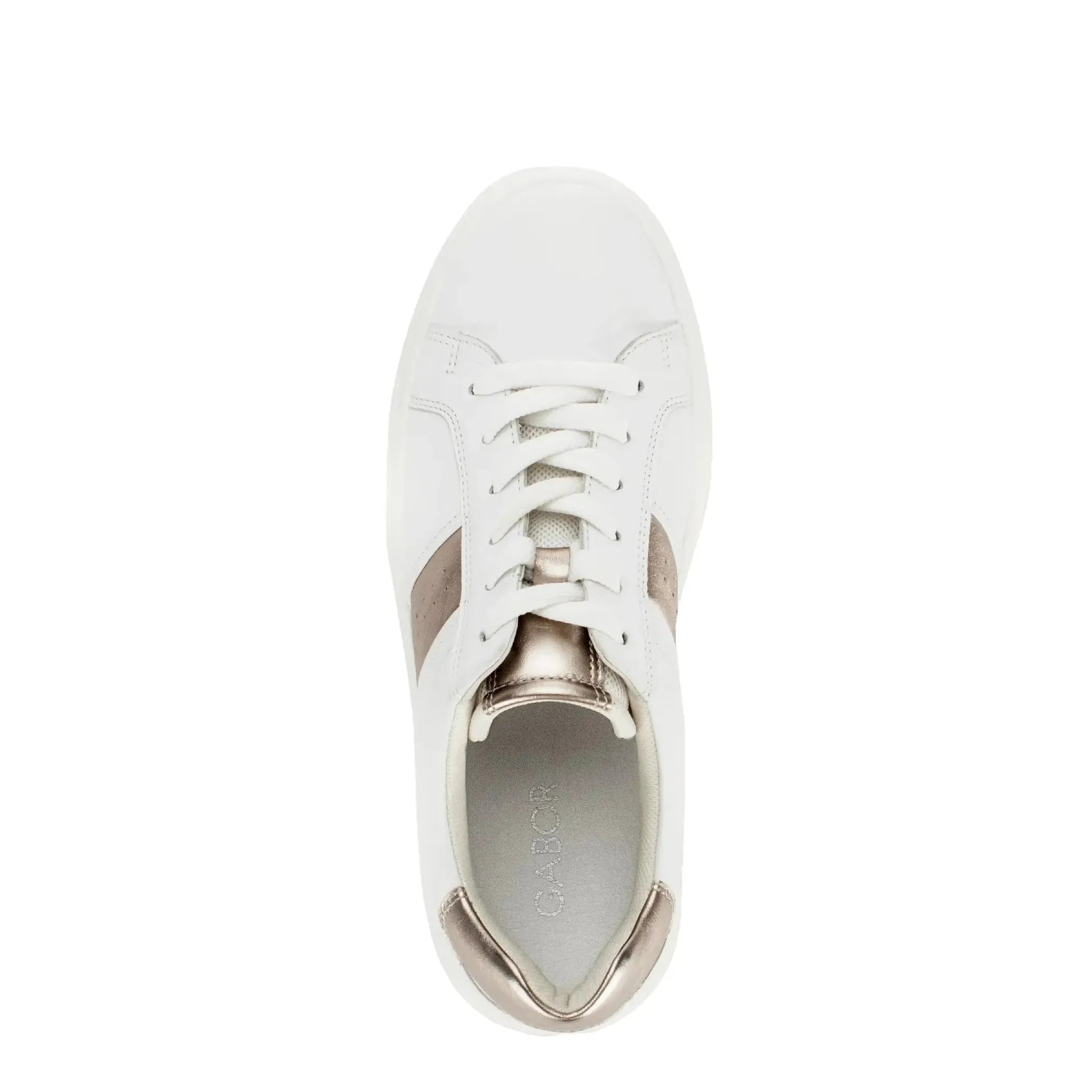 White leather women's lace-up trainers with beige and metallic accents, Gabor 83.360.21 Jade style, comfortable casual footwear.