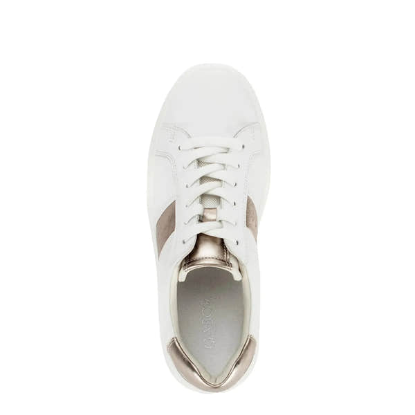 White leather women's lace-up trainers with beige and metallic accents, Gabor 83.360.21 Jade style, comfortable casual footwear.