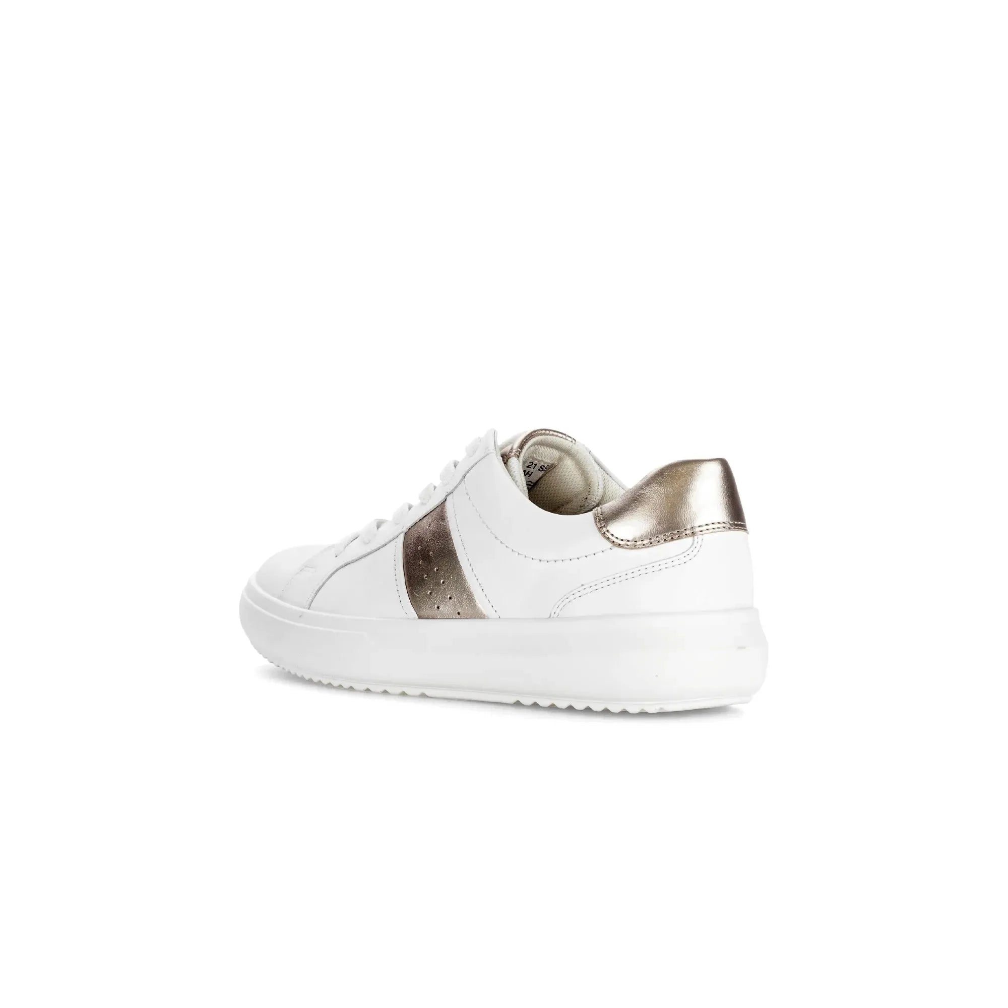 White leather women's trainers with metallic gold accents and lace-up design, stylish and comfortable footwear.