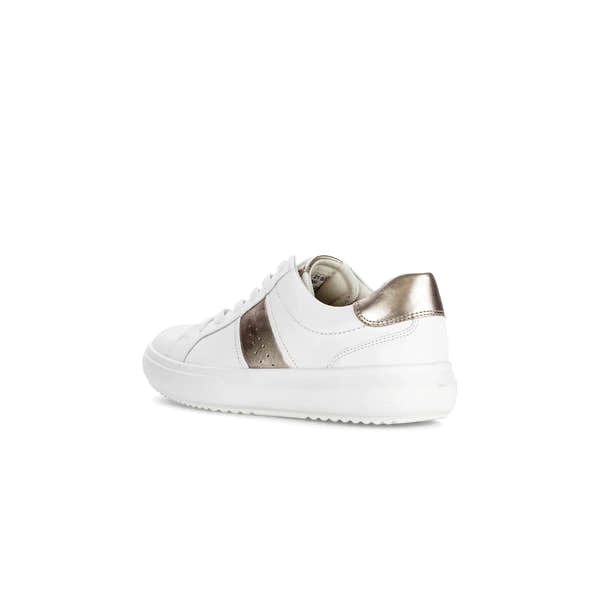 White leather women's trainers with metallic gold accents and lace-up design, stylish and comfortable footwear.