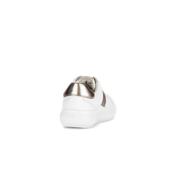 Gabor 83.360.21 Jade ladies white leather lace-up trainers with metallic gold accents, chunky sole, and sporty design.
