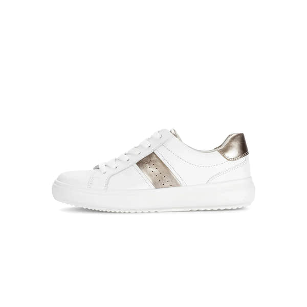 Gabor 83.360.21 Jade women's white leather lace-up trainers with metallic silver accents on heel and side.