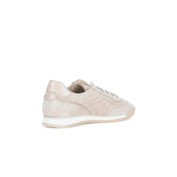 Beige leather and suede lace-up trainers with a sleek design and scalloped detailing on the heel.