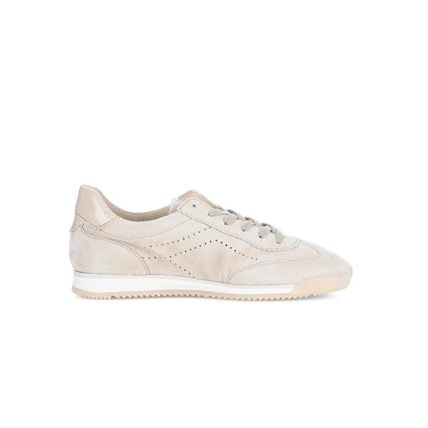 Light beige suede lace-up trainers with perforated detailing and glossy leather accents, featuring a white sole.