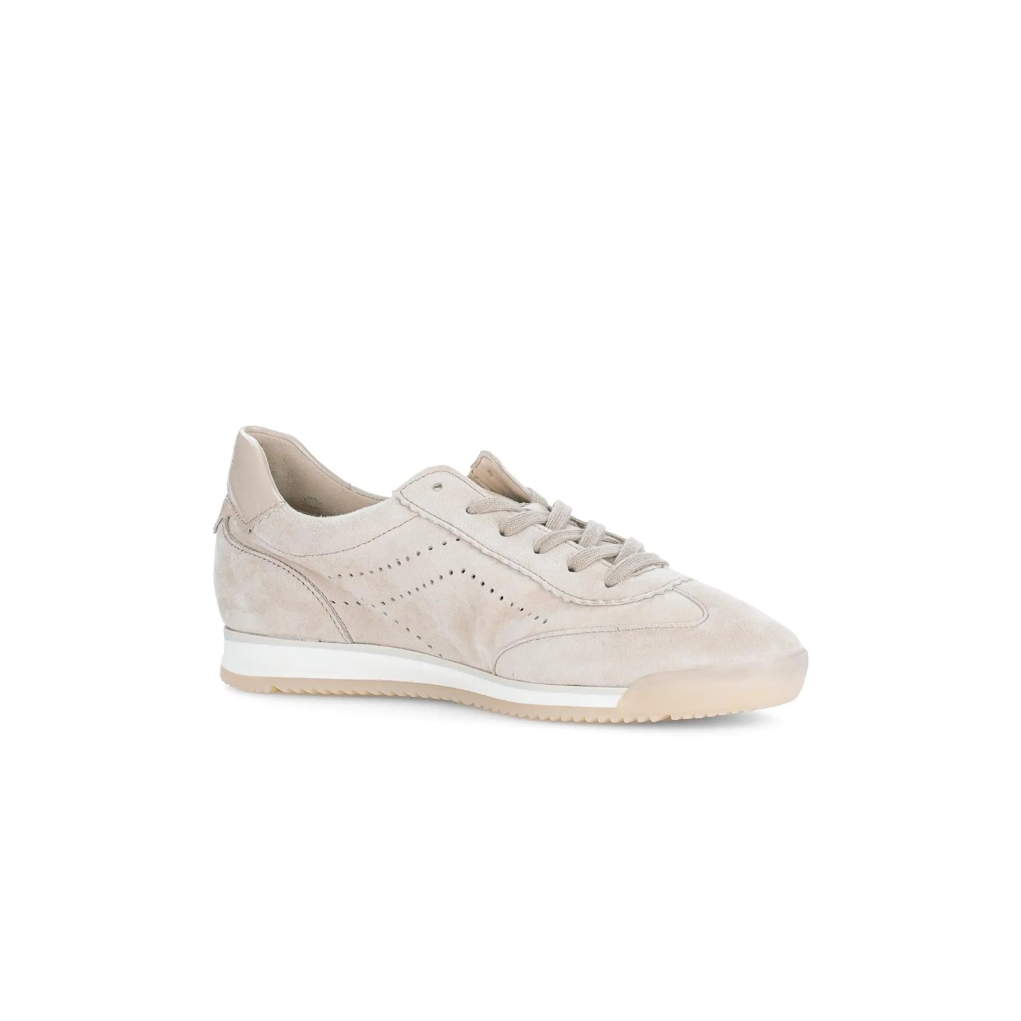 Gabor ladies' beige leather lace-up trainers with perforated details and a white rubber sole.