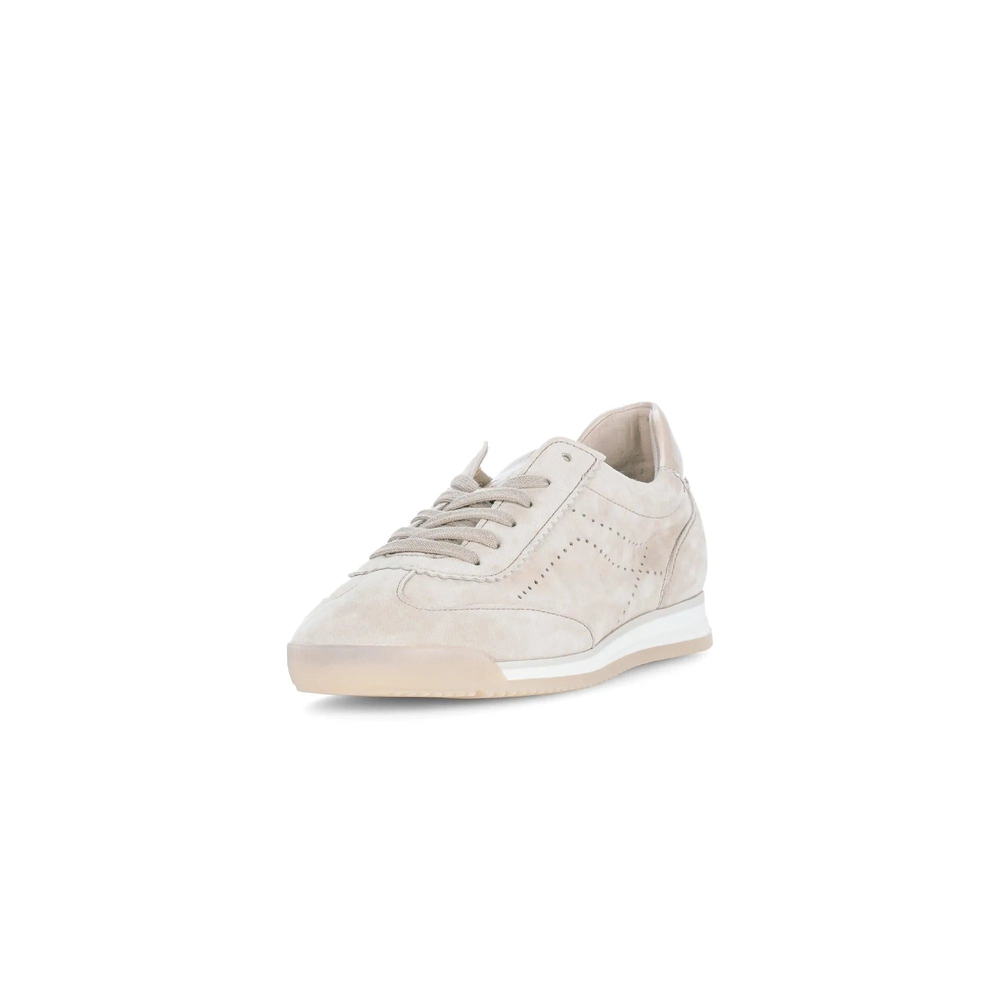 Gabor women's beige leather lace-up trainers with stitched detailing and a white and beige rubber sole.