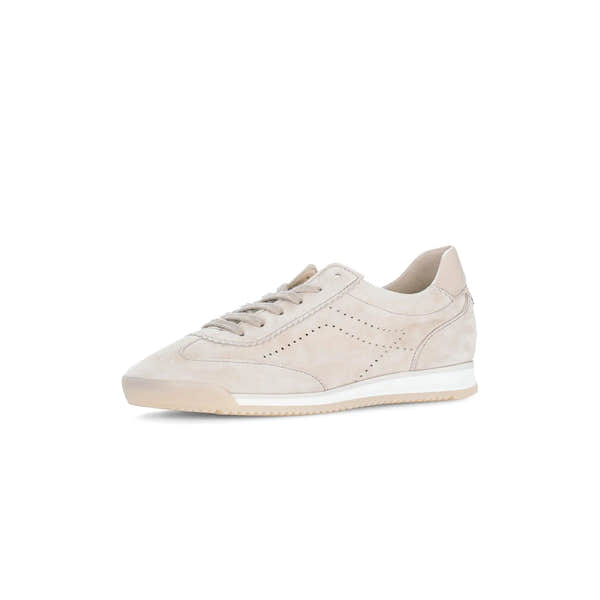 Light beige suede lace-up trainers with perforated detailing and a white midsole, showcasing a sporty yet stylish design.