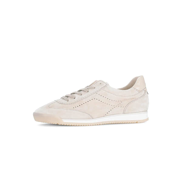 Light oak leather lace-up trainers with perforated detailing and a white sole for a stylish, casual look.