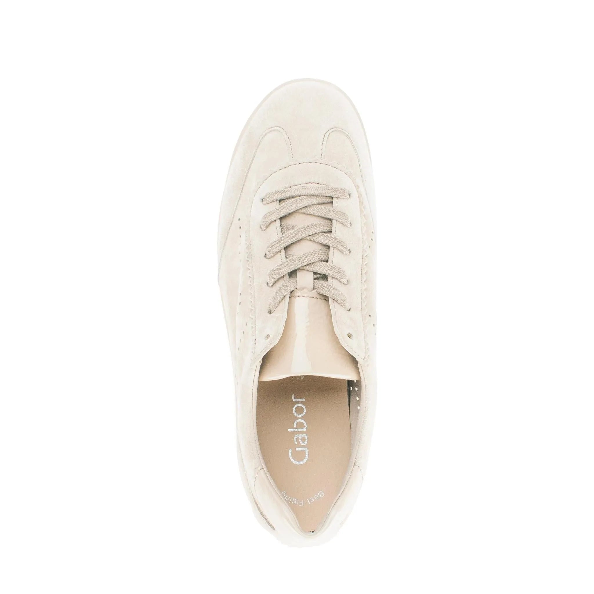 Beige leather lace-up trainers with a soft suede finish and a lightweight sole. Elegant and versatile for casual wear.