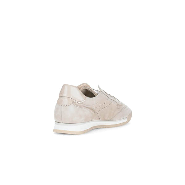 Gabor Novice ladies oak leather lace-up trainers with a beige suede upper, patent heel detail, and white wedge sole.