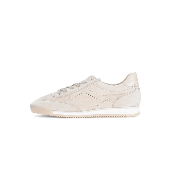 Light oak suede lace-up trainers with perforated detailing and a white rubber sole for a sporty yet stylish look.