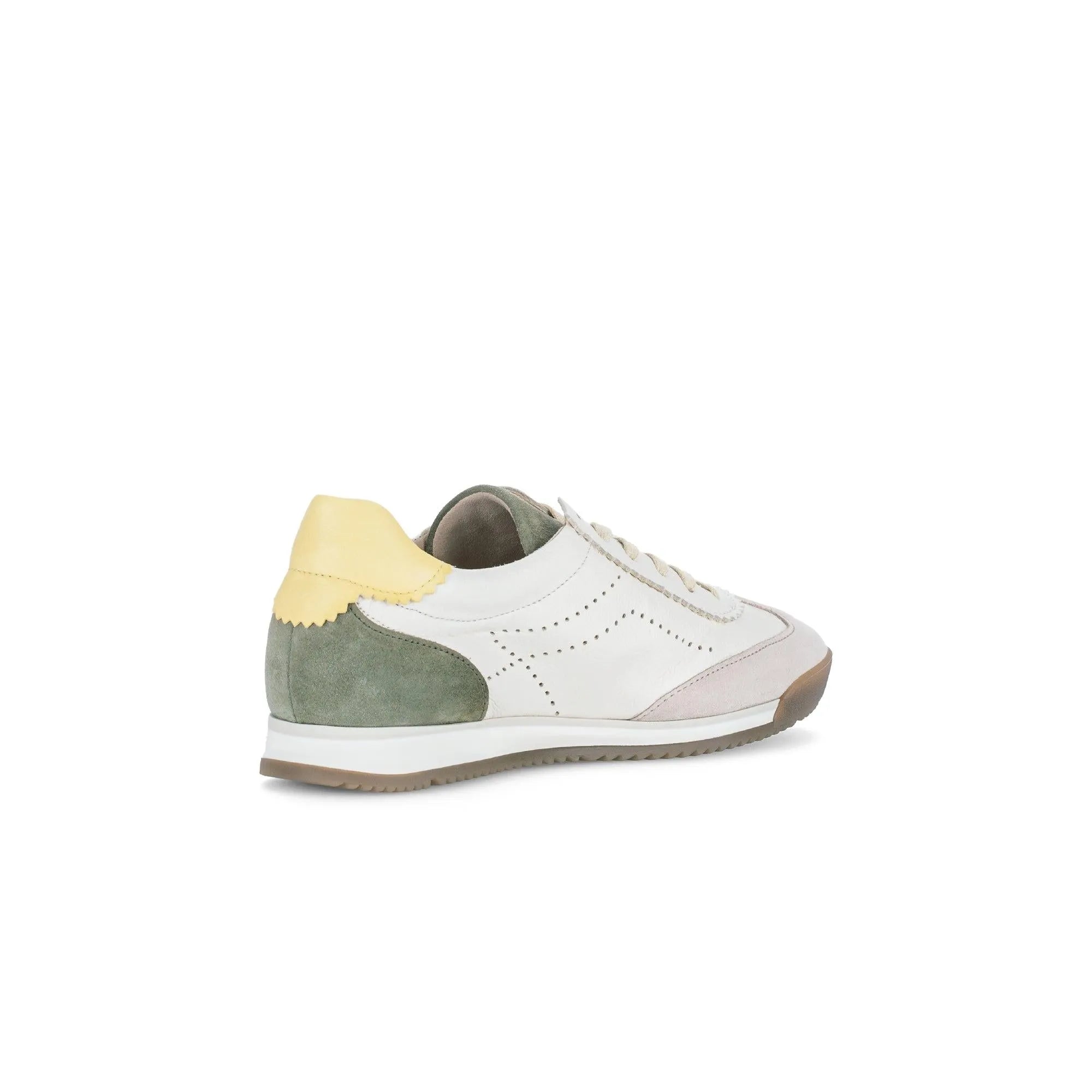 Gabor Novice Ladies Latte trainers with white and beige leather, green suede accents, lace-up front, and a yellow heel tab.