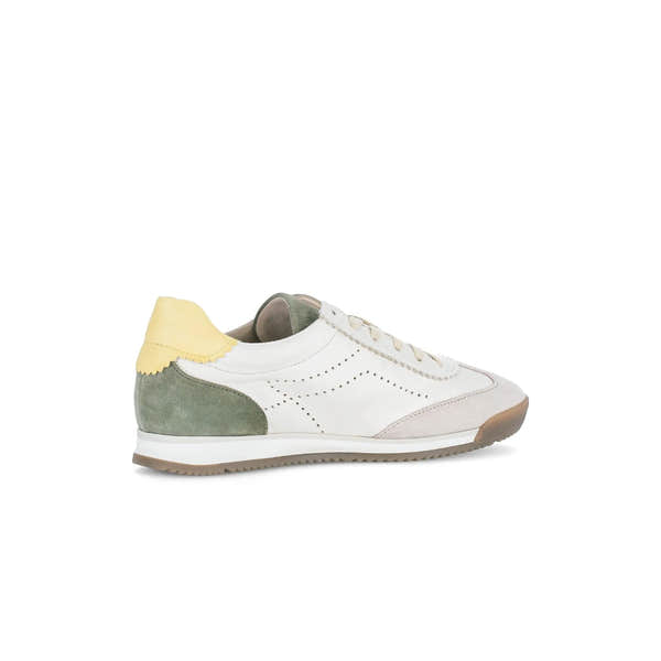 Gabor Novice lace-up trainers feature a mix of white leather and green suede with yellow accents, perfect for casual wear.