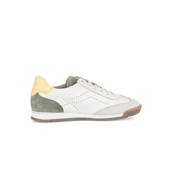 White leather trainers with grey and green suede accents, featuring a lace-up design and a lightweight sole.