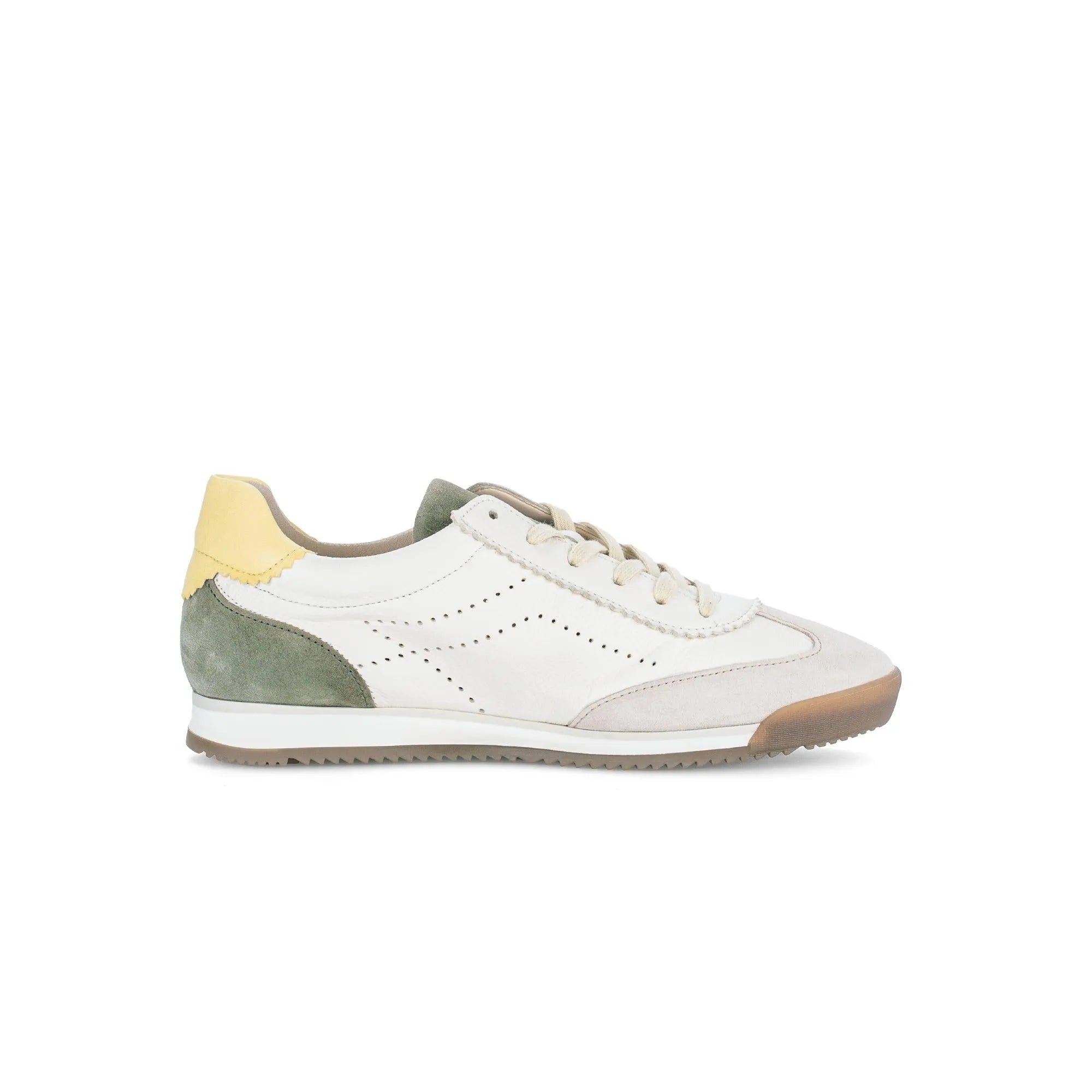 Gabor Novice ladies' lace-up trainers in beige, white, and pastel yellow with suede and leather materials, sporty style.