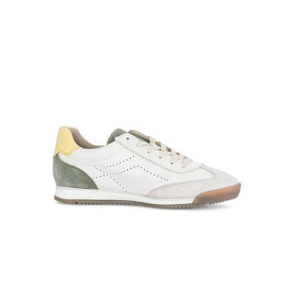Gabor ladies' lace-up trainers in latte, featuring white leather, green suede accents, and a sporty design with perforated details.
