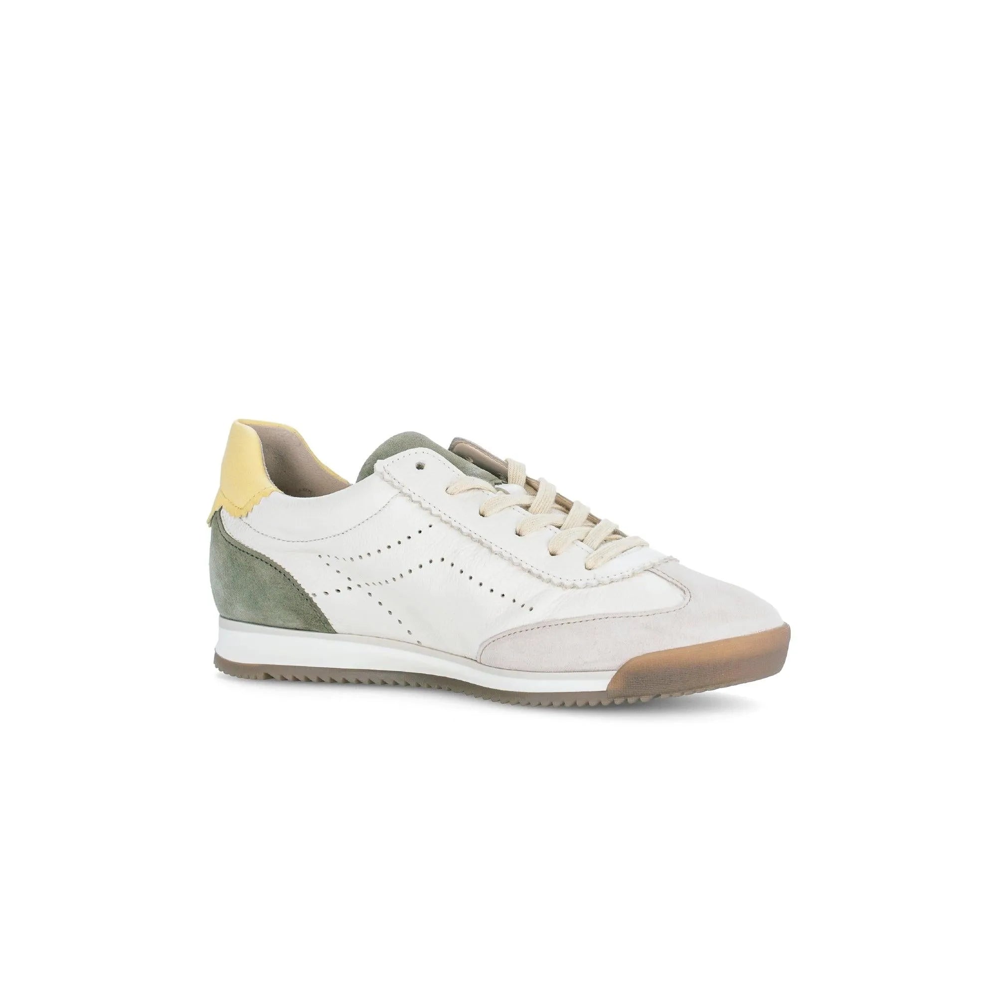 Gabor 83.432.14 Novice ladies Latte lace-up trainers with white, beige, gray, and yellow materials, sneaker style, and perforated details.