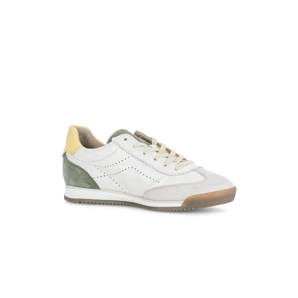 Gabor 83.432.14 Novice ladies Latte lace-up trainers with white, beige, gray, and yellow materials, sneaker style, and perforated details.