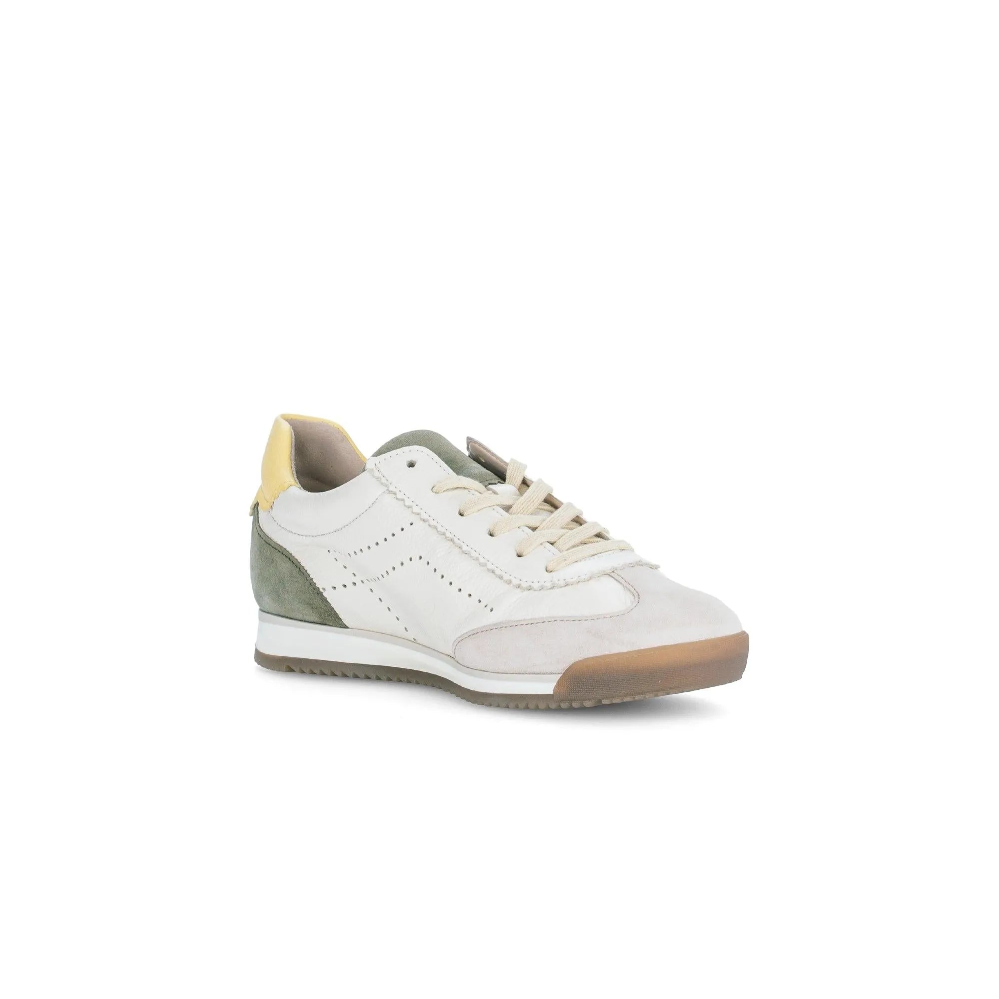 Gabor 83.432.14 women's latte lace-up trainer with white leather, beige suede accents, yellow heel detail, and rubber sole.