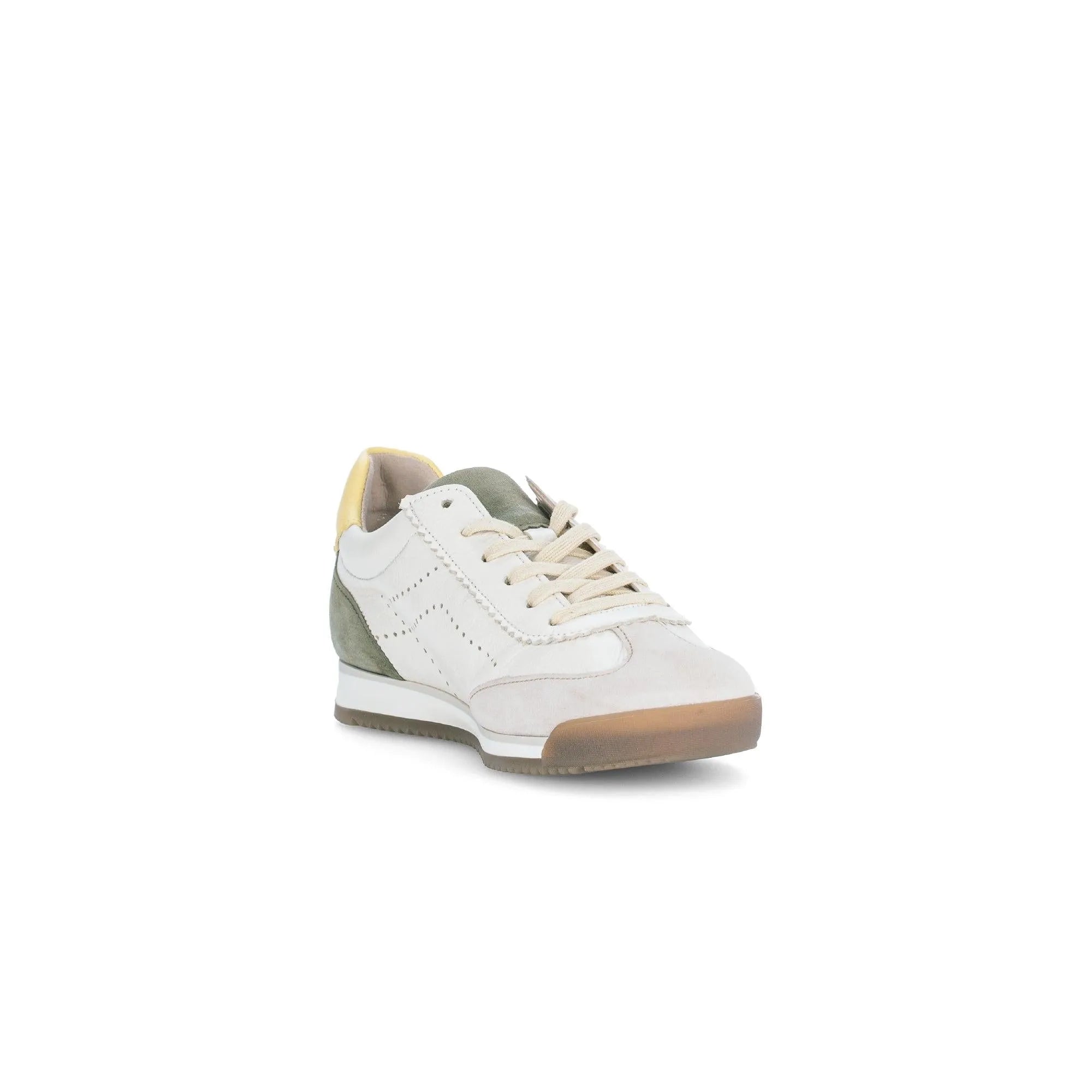 Gabor Novice ladies latte lace-up trainers with leather, suede, and fabric textures, tan sole, pastel accents, stylish casual design.