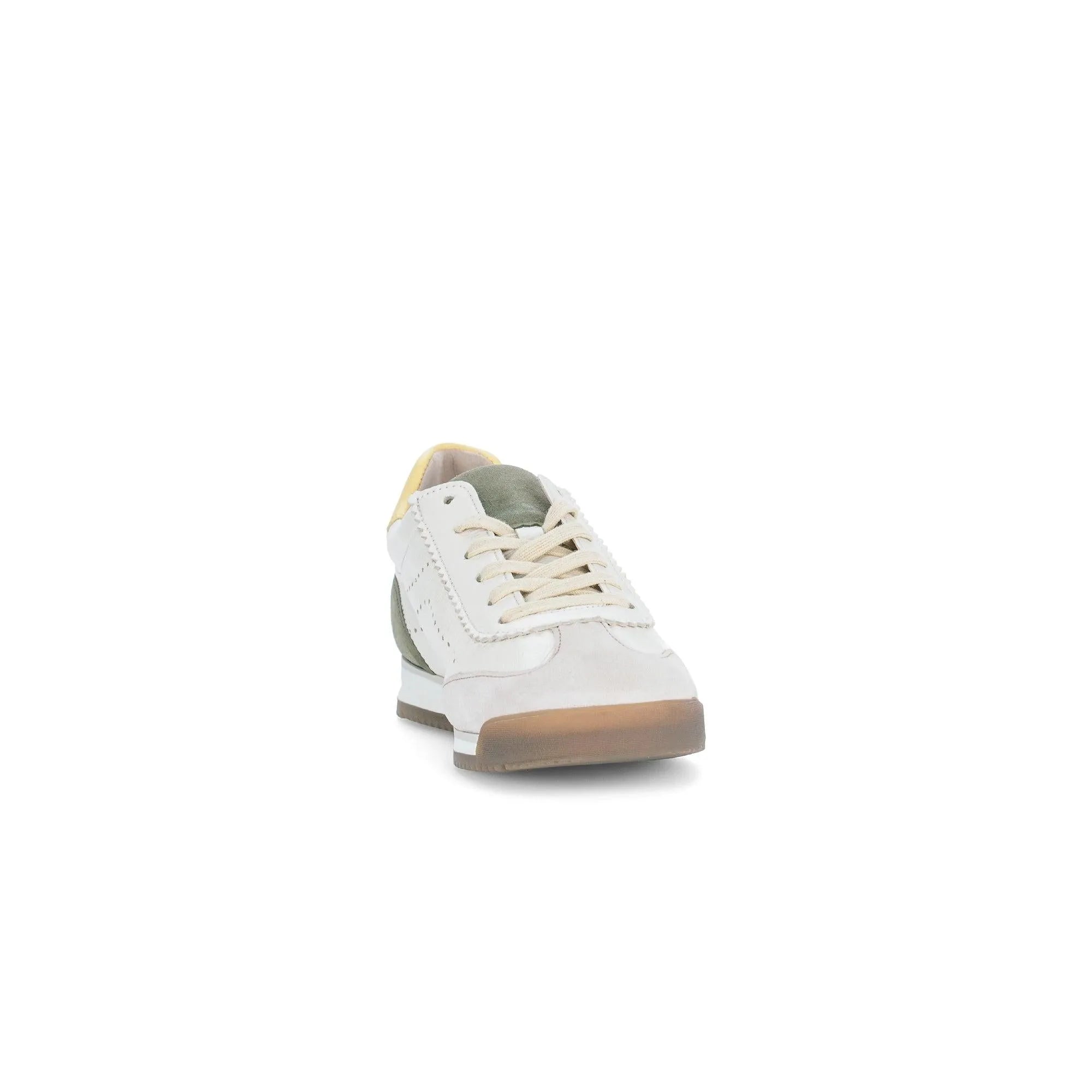 Gabor 83.432.14 Novice ladies latte lace-up trainers with leather and suede materials, cream, beige, and olive green colors.