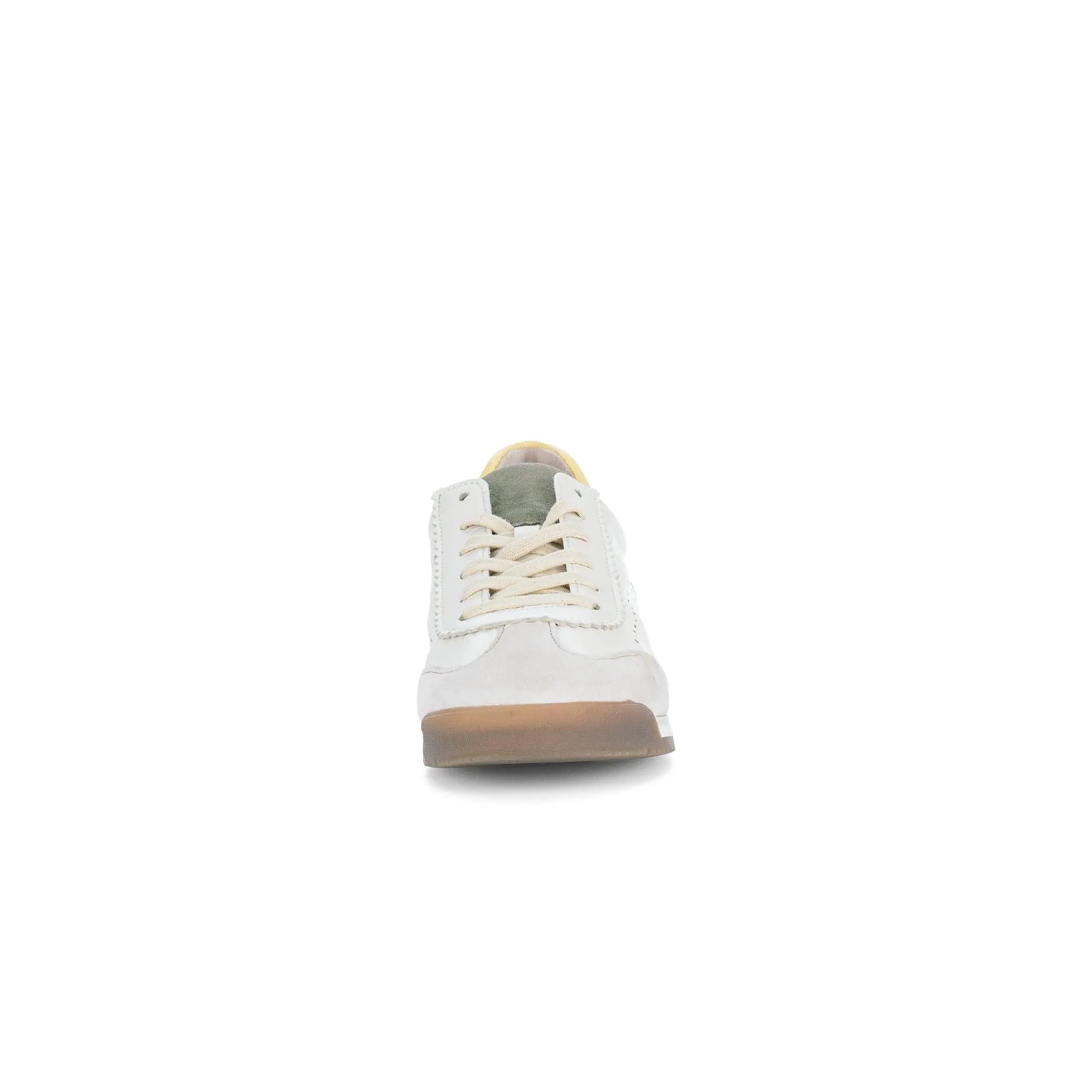 White and beige lace-up trainers with latte-colored accents, suede and leather materials, and textured soles.