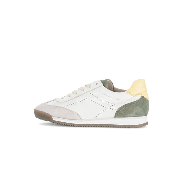 Gabor lace-up trainers in latte, featuring a mix of leather and suede with green and yellow accents and perforated details.