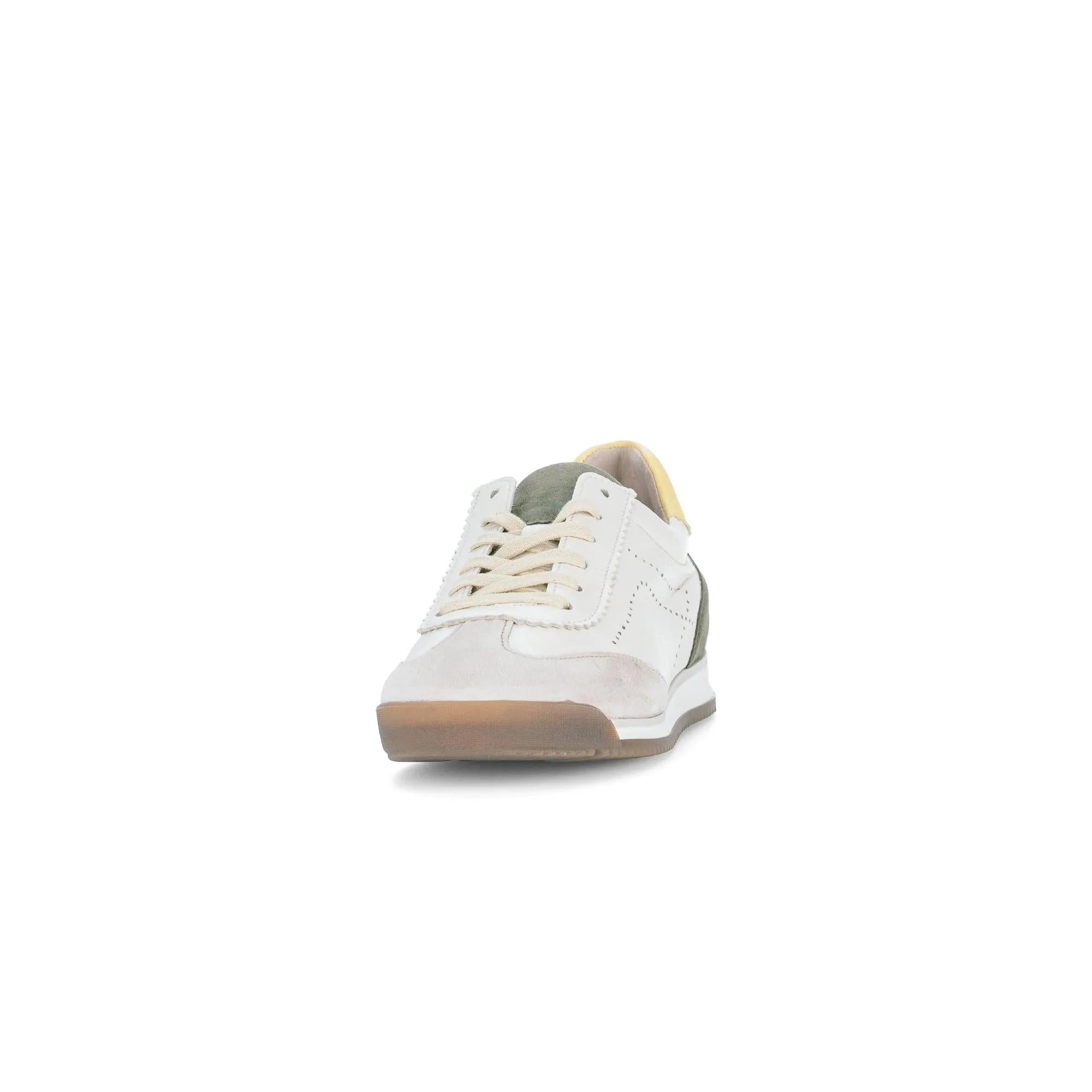 Gabor 83.432.14 Novice Ladies Latte lace-up trainers with white and pastel yellow and green materials, stylish casual design.