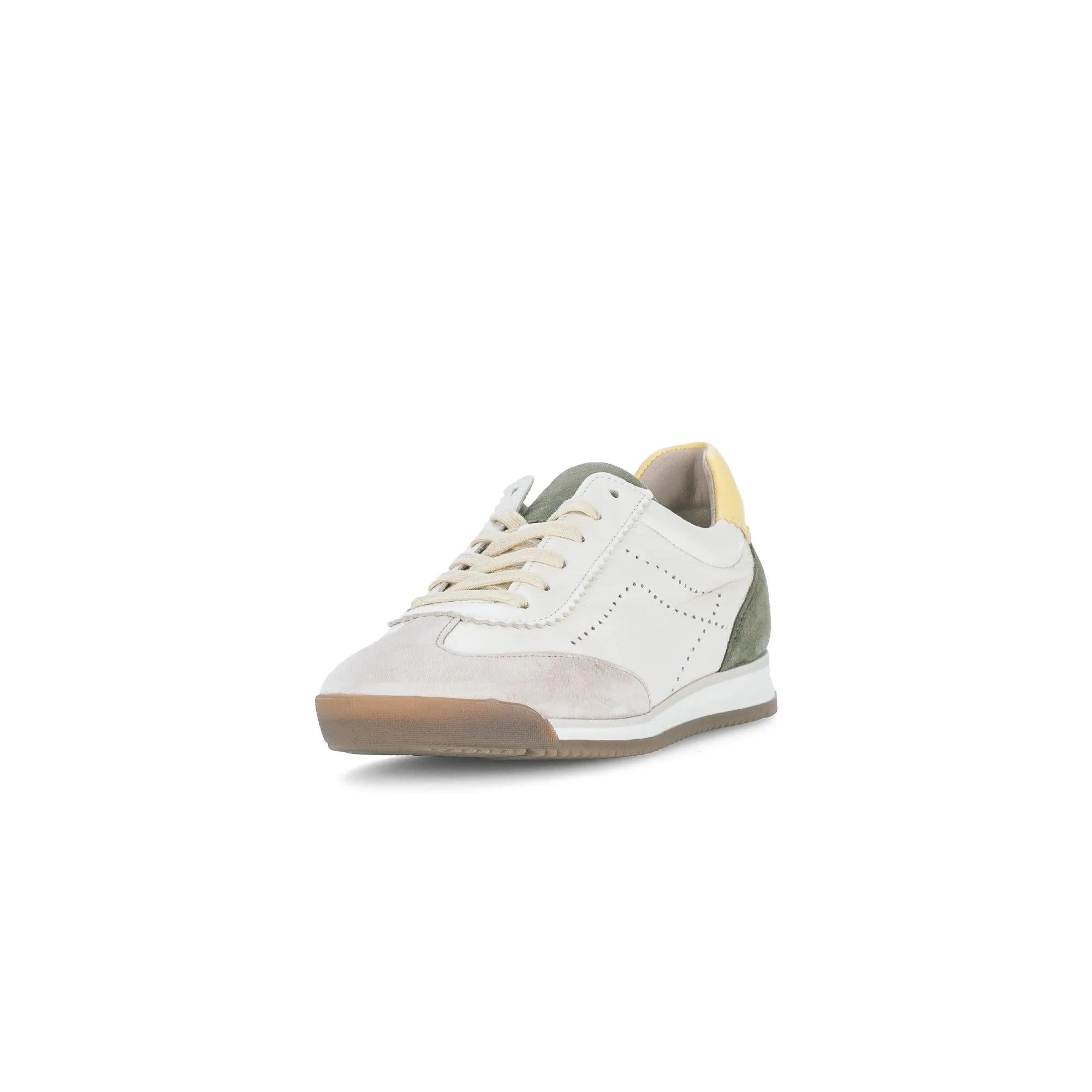 Gabor 83.432.14 lace-up trainers in latte, featuring suede and leather panels, with green and yellow accents.