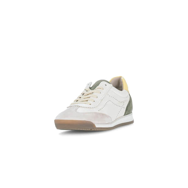 Gabor 83.432.14 lace-up trainers in latte, featuring suede and leather panels, with green and yellow accents.