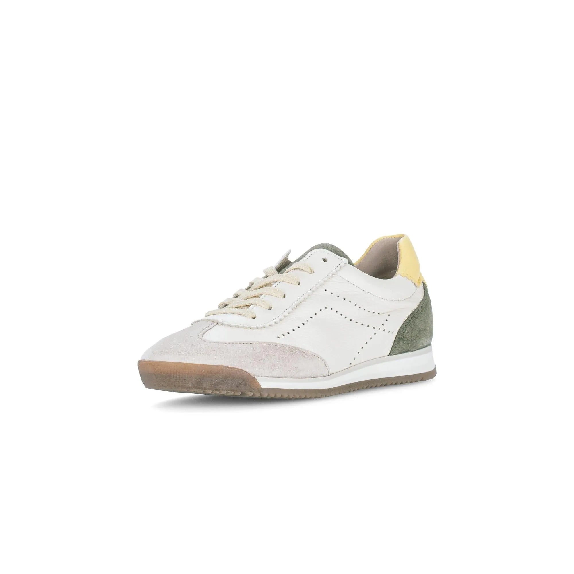 Gabor Novice Ladies Latte lace-up trainers with white, beige, grey, and yellow materials, suede accents, and perforated details.