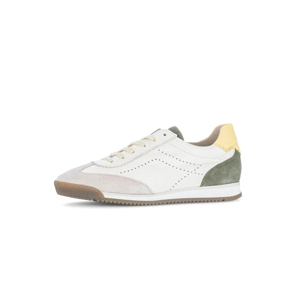 Gabor 83.432.14 Novice Ladies Latte lace-up trainers with white, beige, gray, and yellow materials, perforated detailing, and a rubber sole.