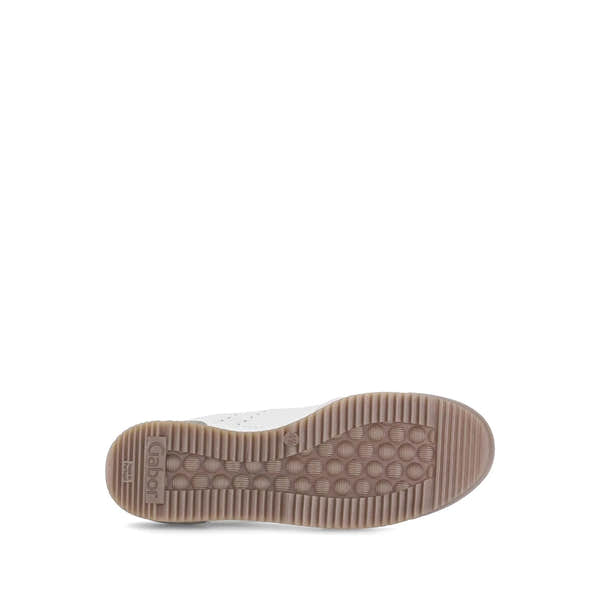 Gabor ladies' latte lace-up trainers featuring a smooth upper and textured rubber sole for style and comfort.