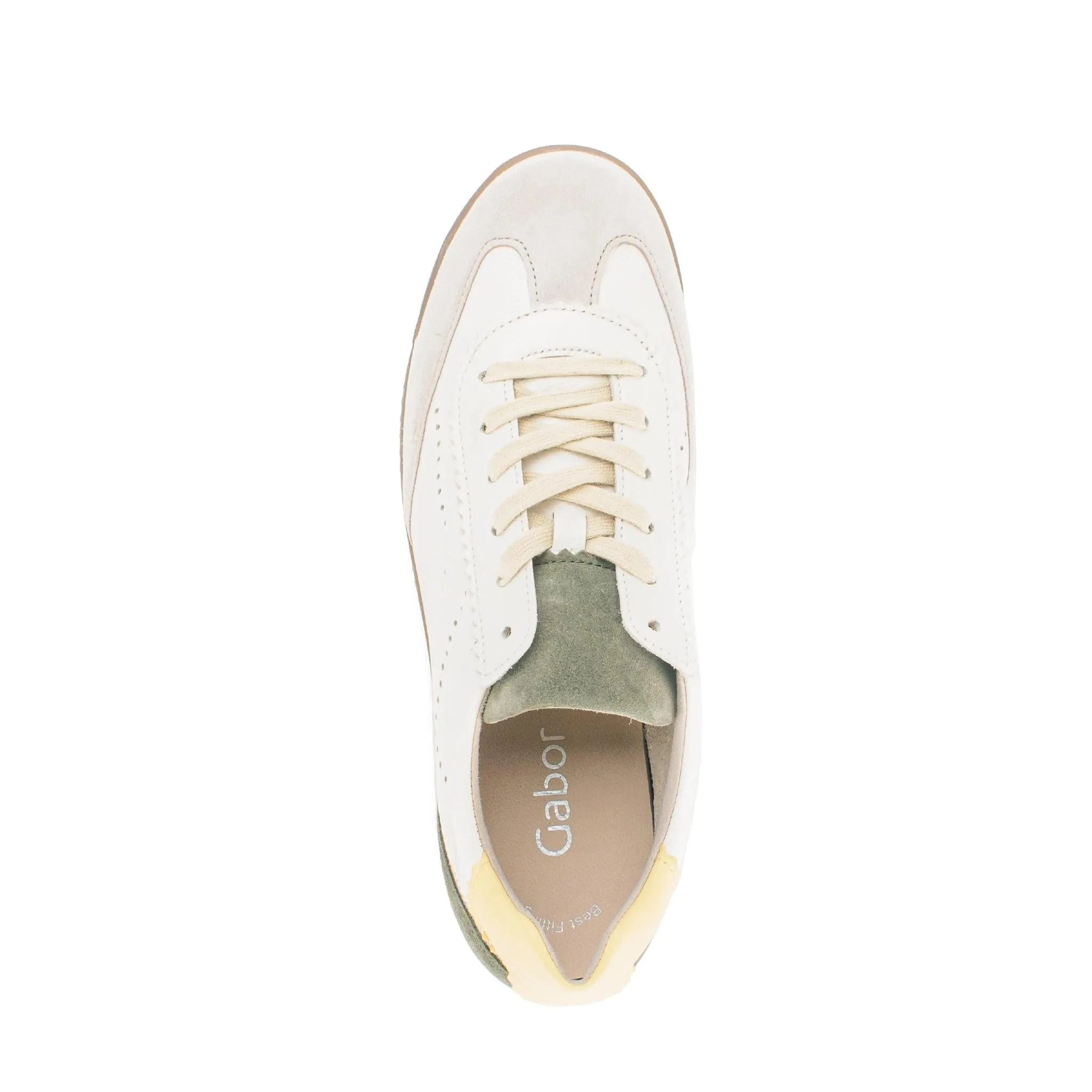 Gabor 83.432.14 Ladies latte lace-up trainers with white and pastel yellow accents, suede and leather materials, and padded collar.