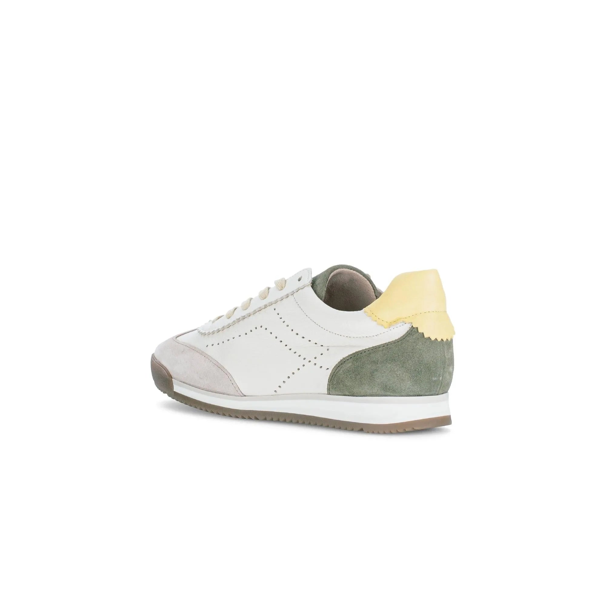 White and green suede and leather lace-up trainer with beige laces, yellow heel tab, perforated details, and a white sole.