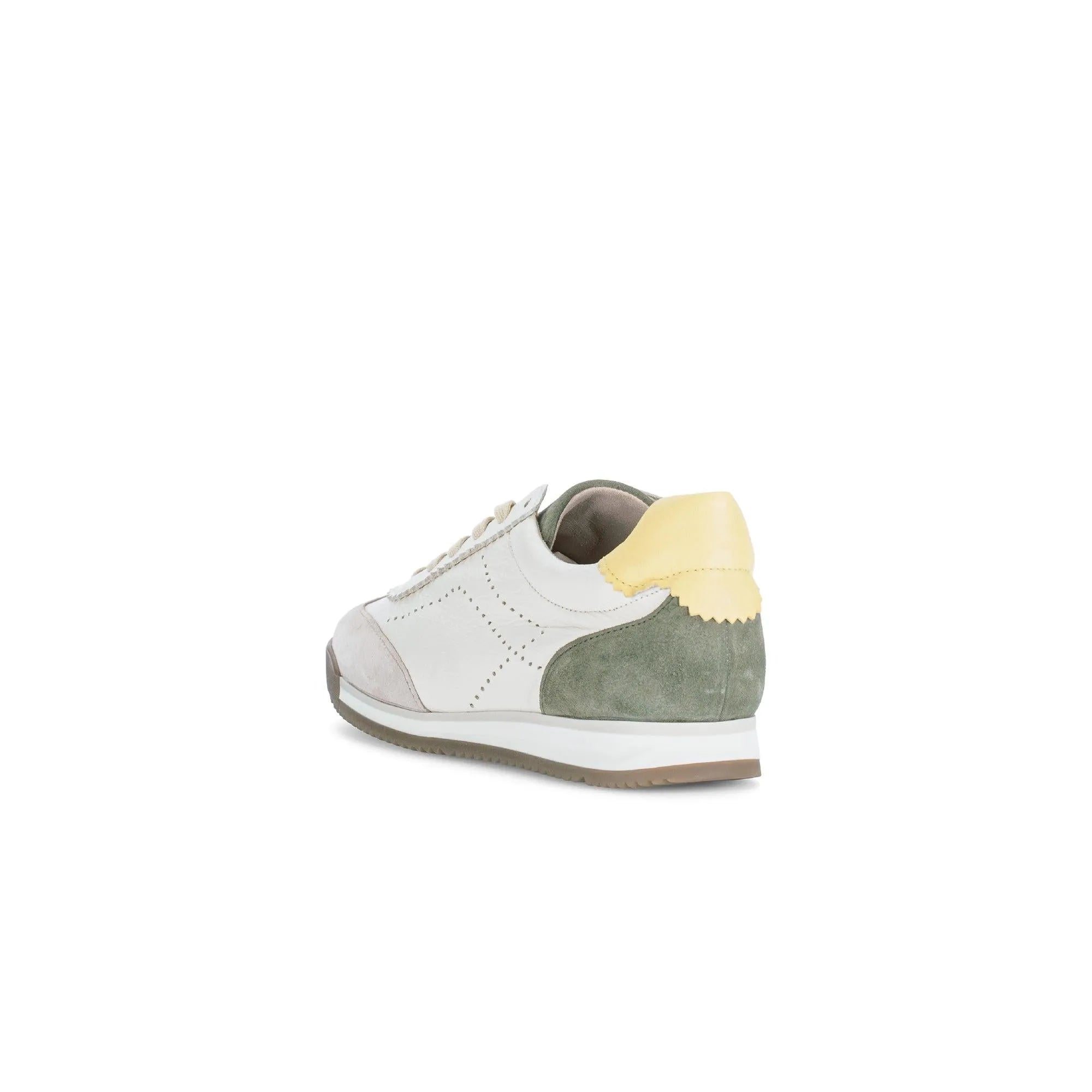 Gabor Novice lace-up trainers in latte, featuring mixed materials, beige, green, and yellow accents, with a sporty style.