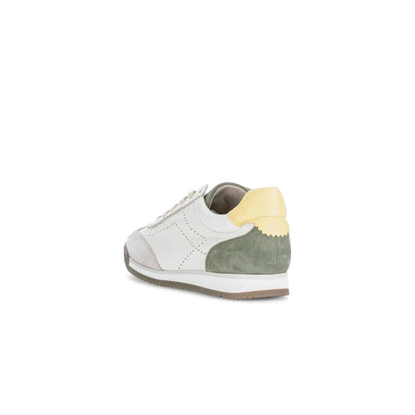 Gabor Novice lace-up trainers in latte, featuring mixed materials, beige, green, and yellow accents, with a sporty style.