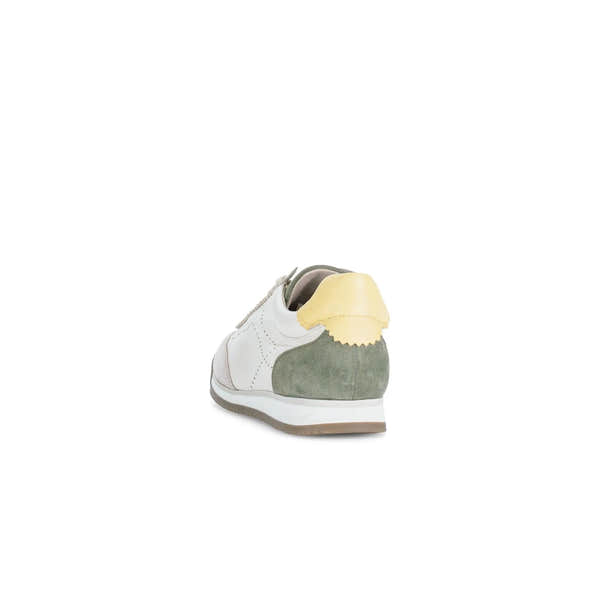 Gabor 83.432.14 ladies' lace-up trainers in latte, featuring tan, green suede, and yellow heel detail. Casual and stylish.