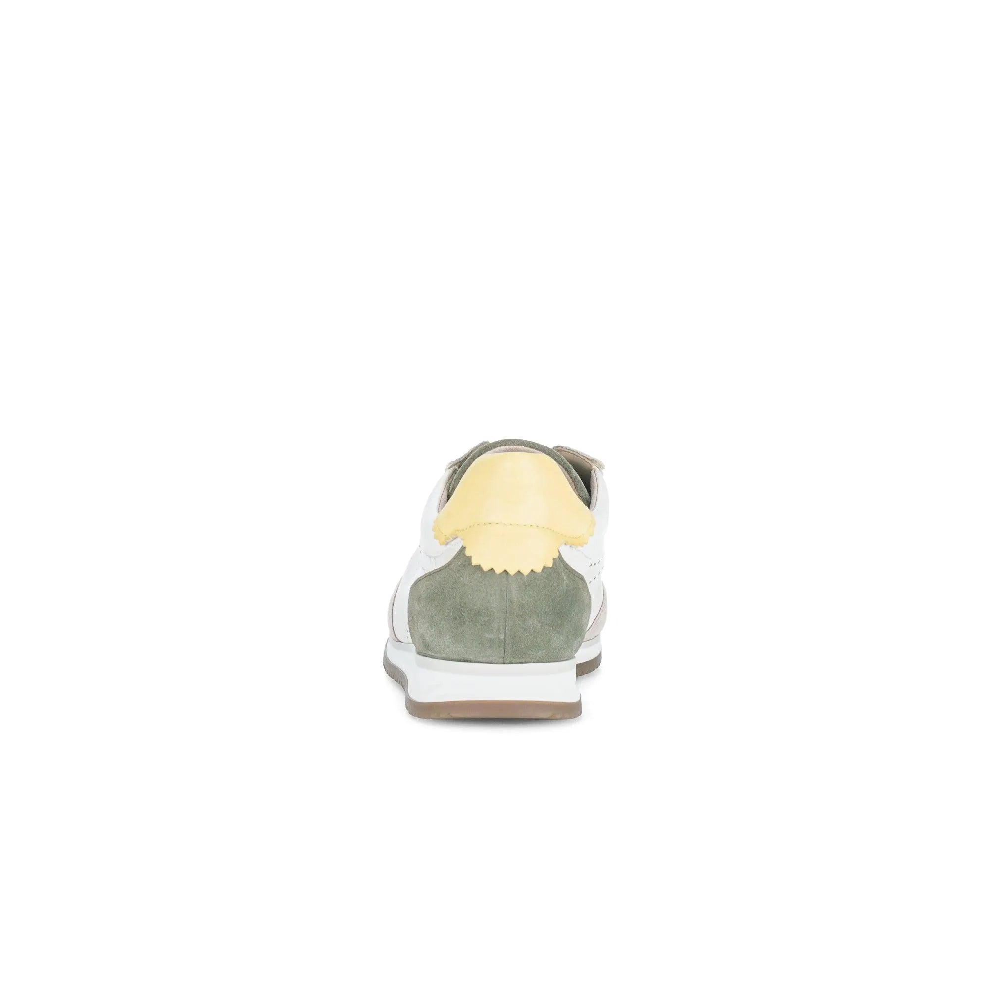 Gabor Latte lace-up trainers in white and green suede, featuring a yellow heel detail and sporty design.