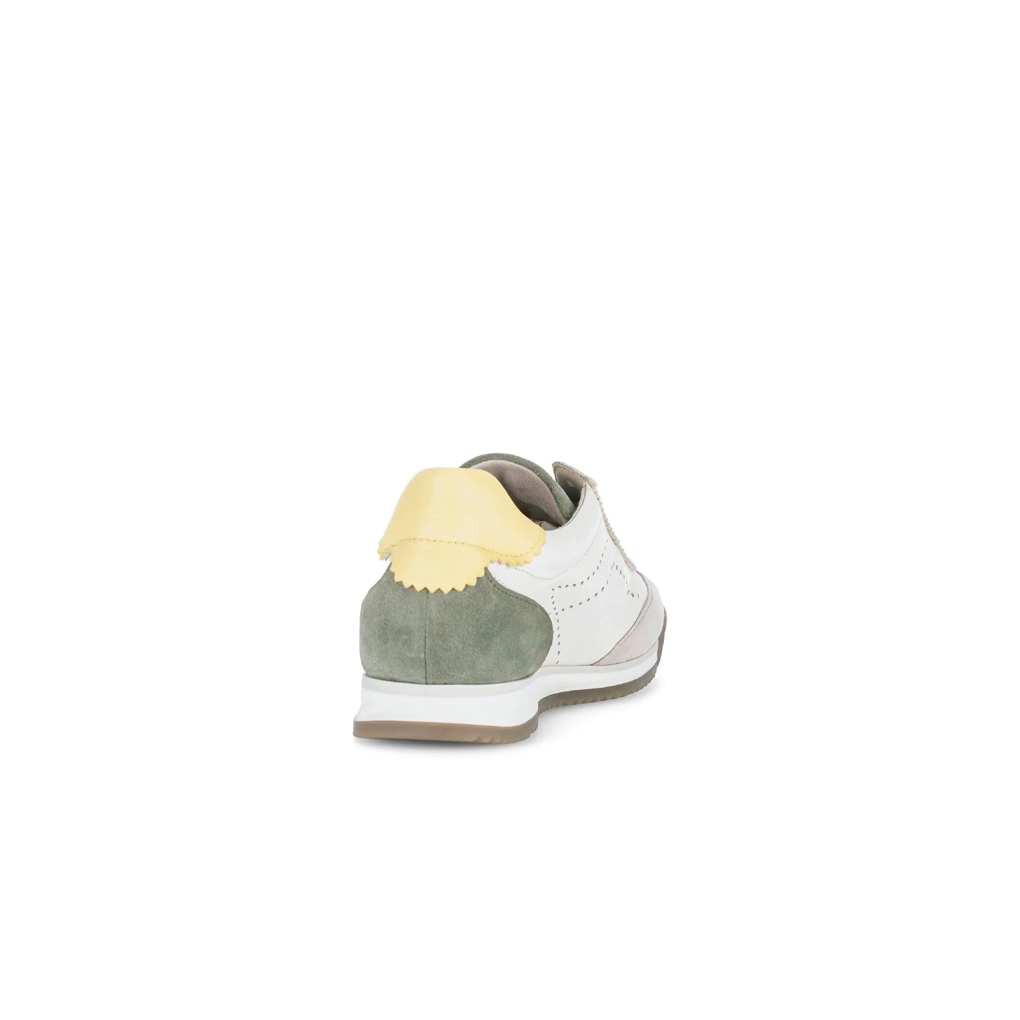 Gabor Latte lace-up trainers featuring a mix of white leather, green suede, and a yellow heel detail for stylish comfort.