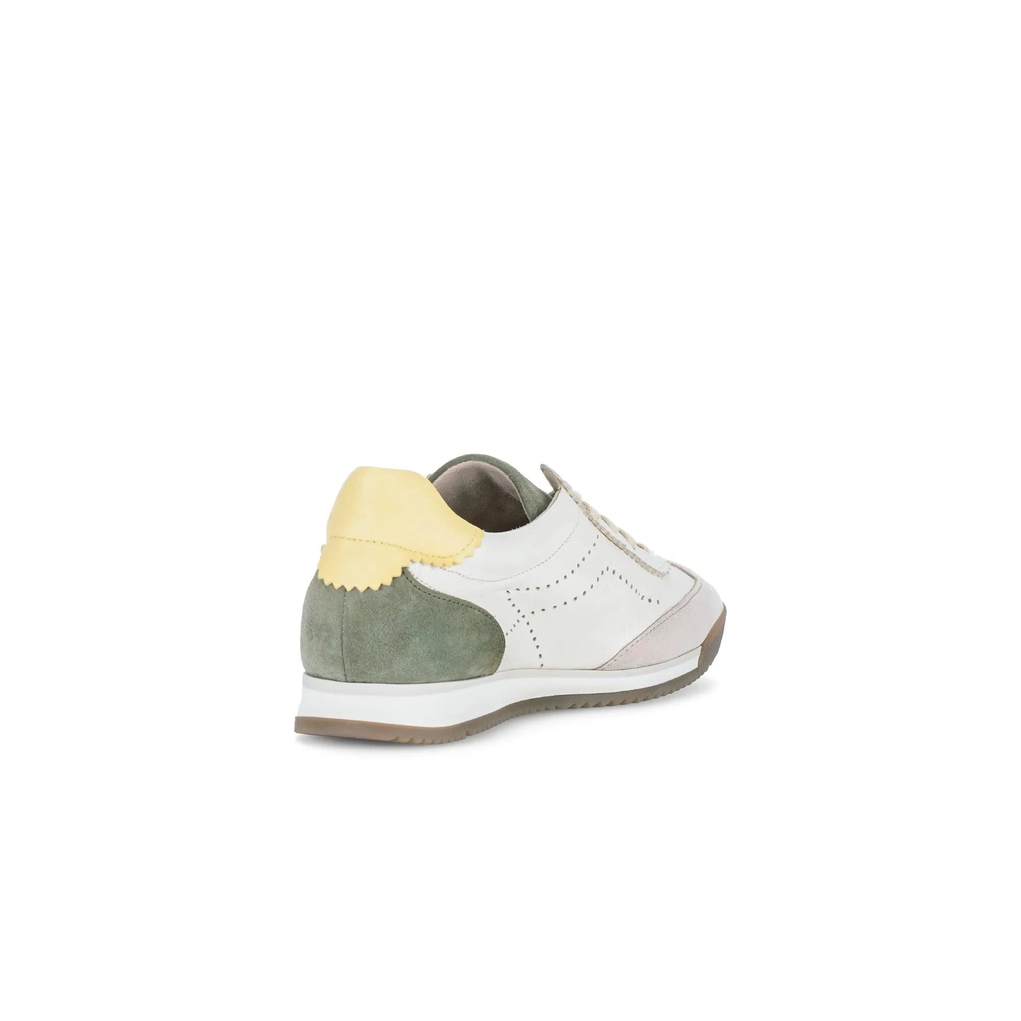 Gabor lace-up trainers in latte, featuring a mix of white leather, green suede, and yellow accent for a sporty, stylish look.