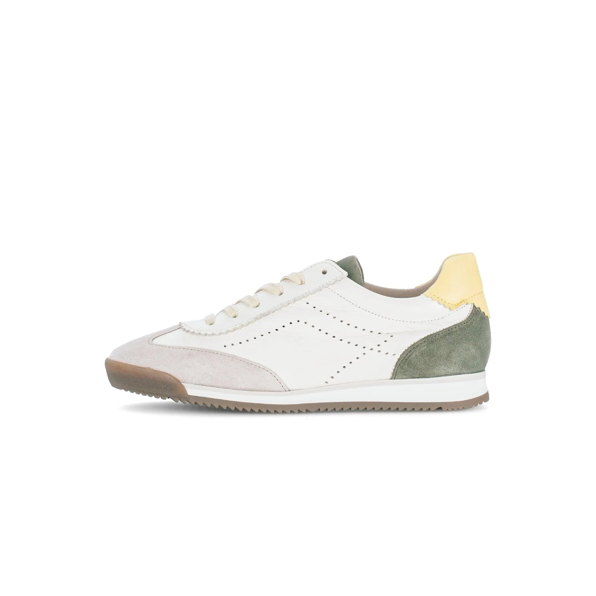 Gabor Latte trainers feature a white leather upper with grey suede, green, and yellow accents, lace-up closure, and sporty design.