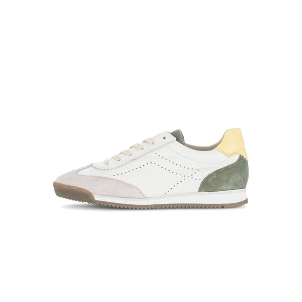 Gabor Latte trainers feature a white leather upper with grey suede, green, and yellow accents, lace-up closure, and sporty design.