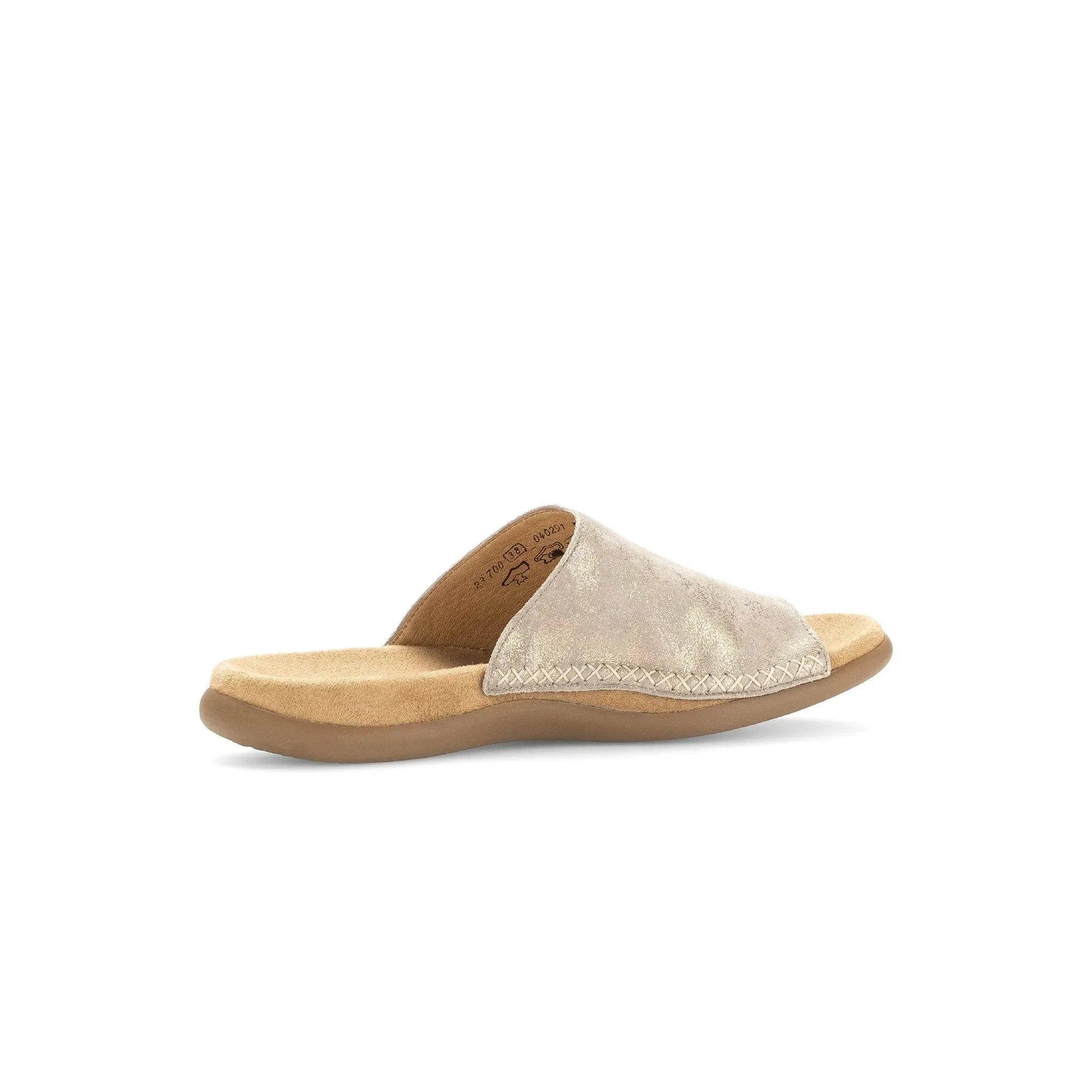 Gabor Lanzarote women's mushroom leather slip-on sandals with cushioned footbed and beige sole.