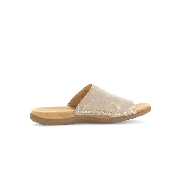 Gabor Lanzarote Ladies Mushroom Leather Slip-On Sandals with cushioned insole and open toe design.