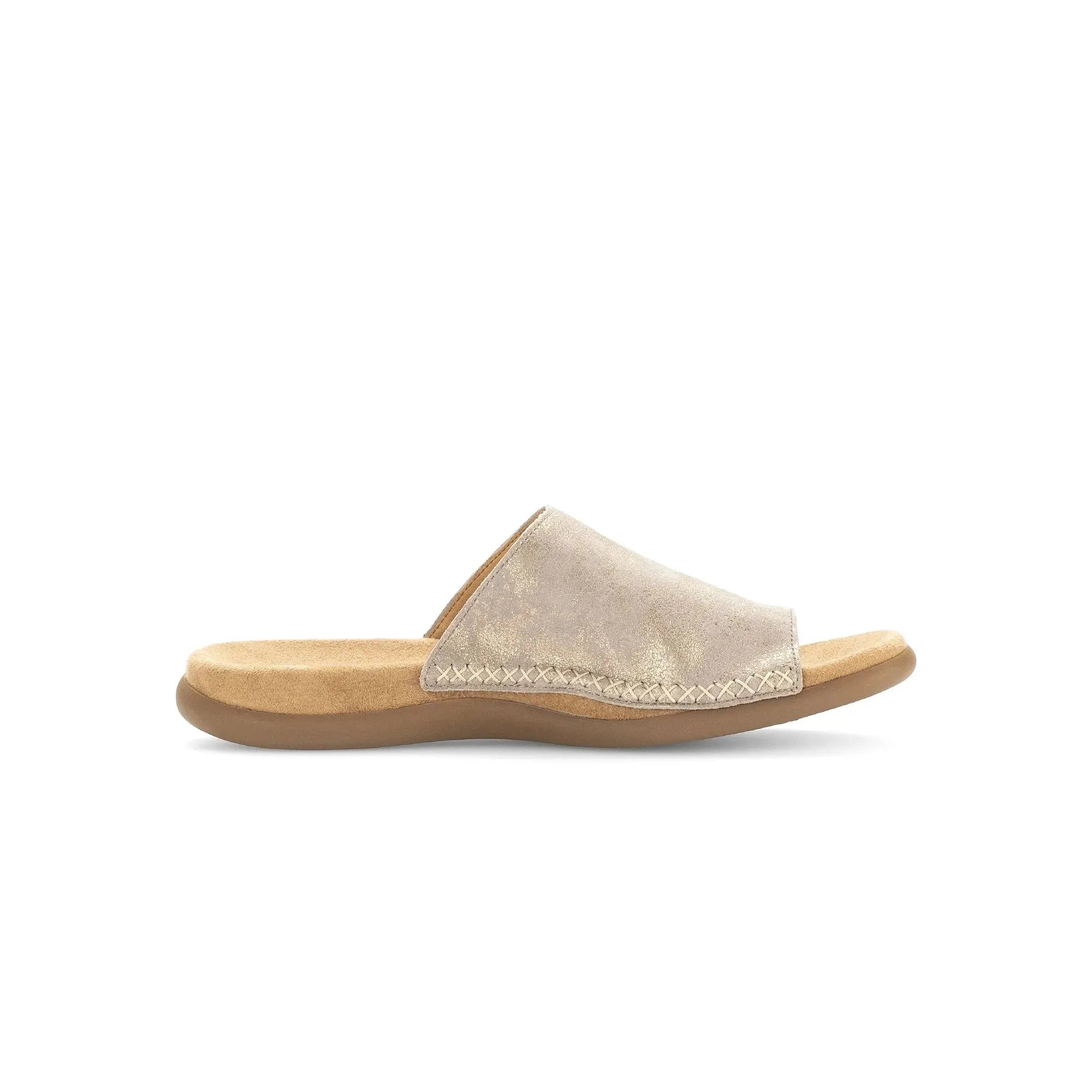 Gabor Lanzarote Women's Mushroom Leather Slip-On Sandals with cushioned sole and cross-stitch detail.