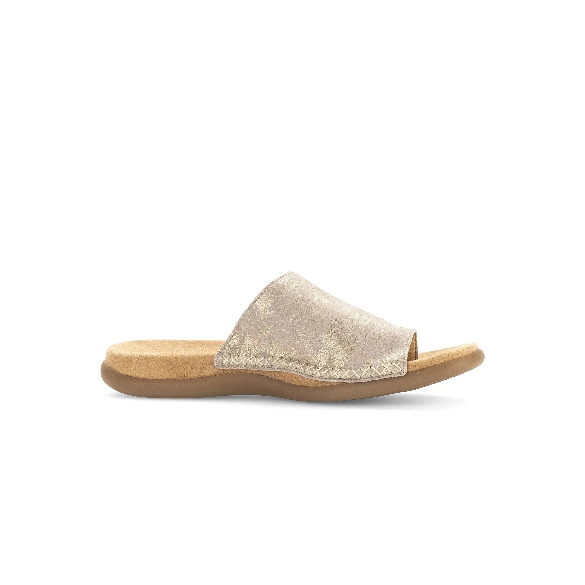 Gabor Lanzarote Ladies Mushroom Leather Slip-On Sandals with cushioned footbed and slip-resistant sole.