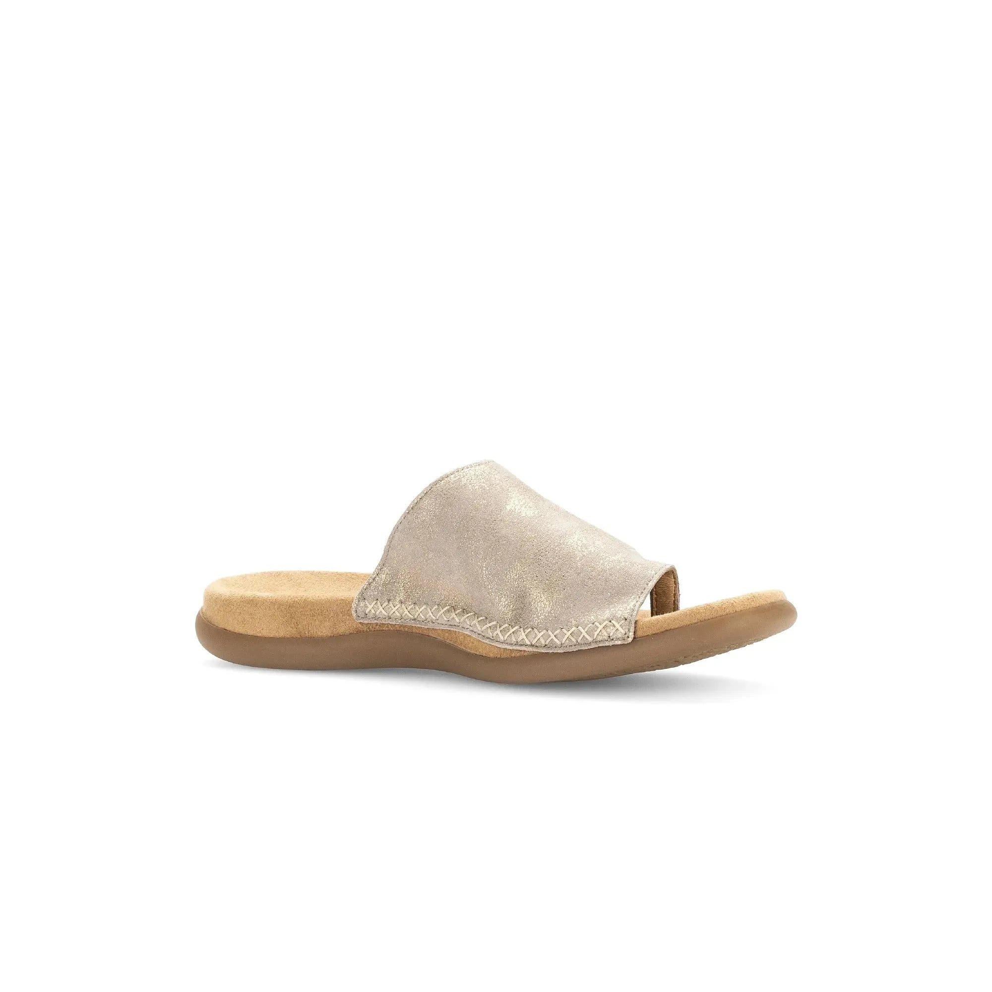 Gabor Lanzarote women's mushroom leather slip-on sandals with cushioned footbed and open toe design.