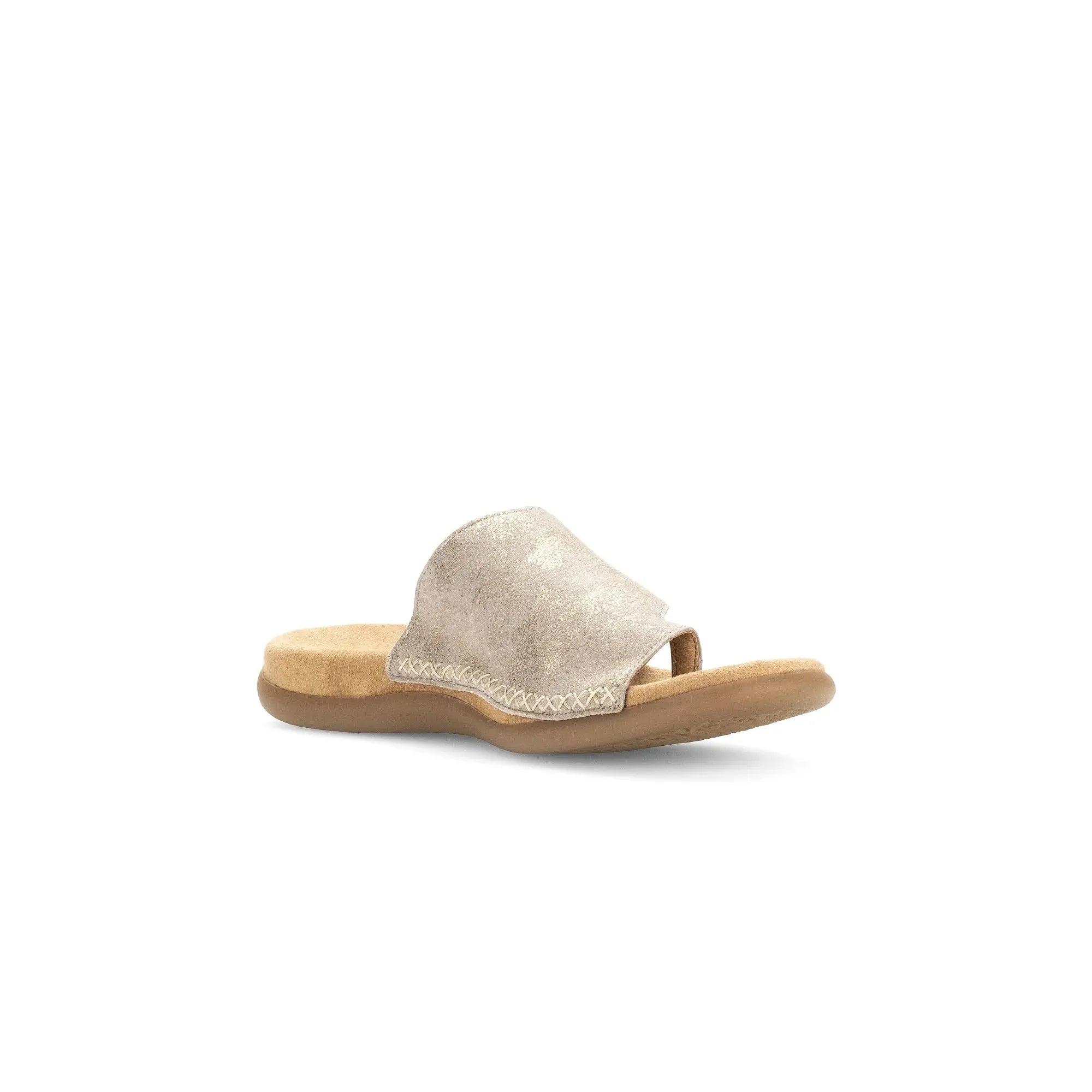 Gabor Lanzarote Ladies Mushroom Leather Slip-On Sandals, open toe, cushioned sole, casual slip-on style.
