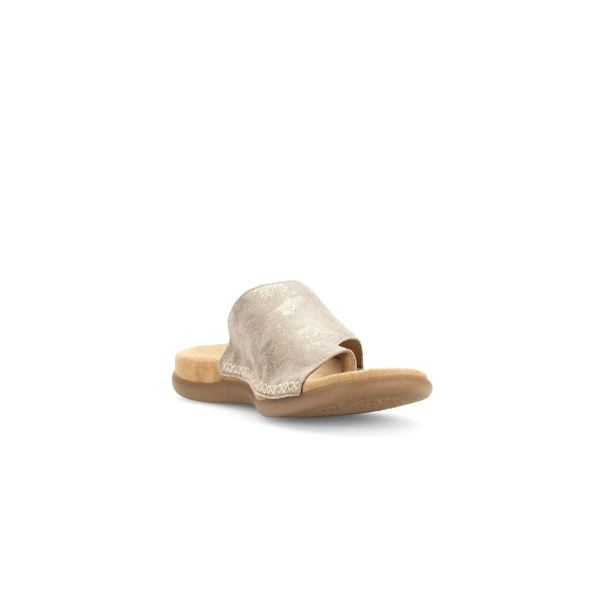 Gabor Lanzarote women's mushroom leather slip-on sandals with cushioned footbed and open toe design.